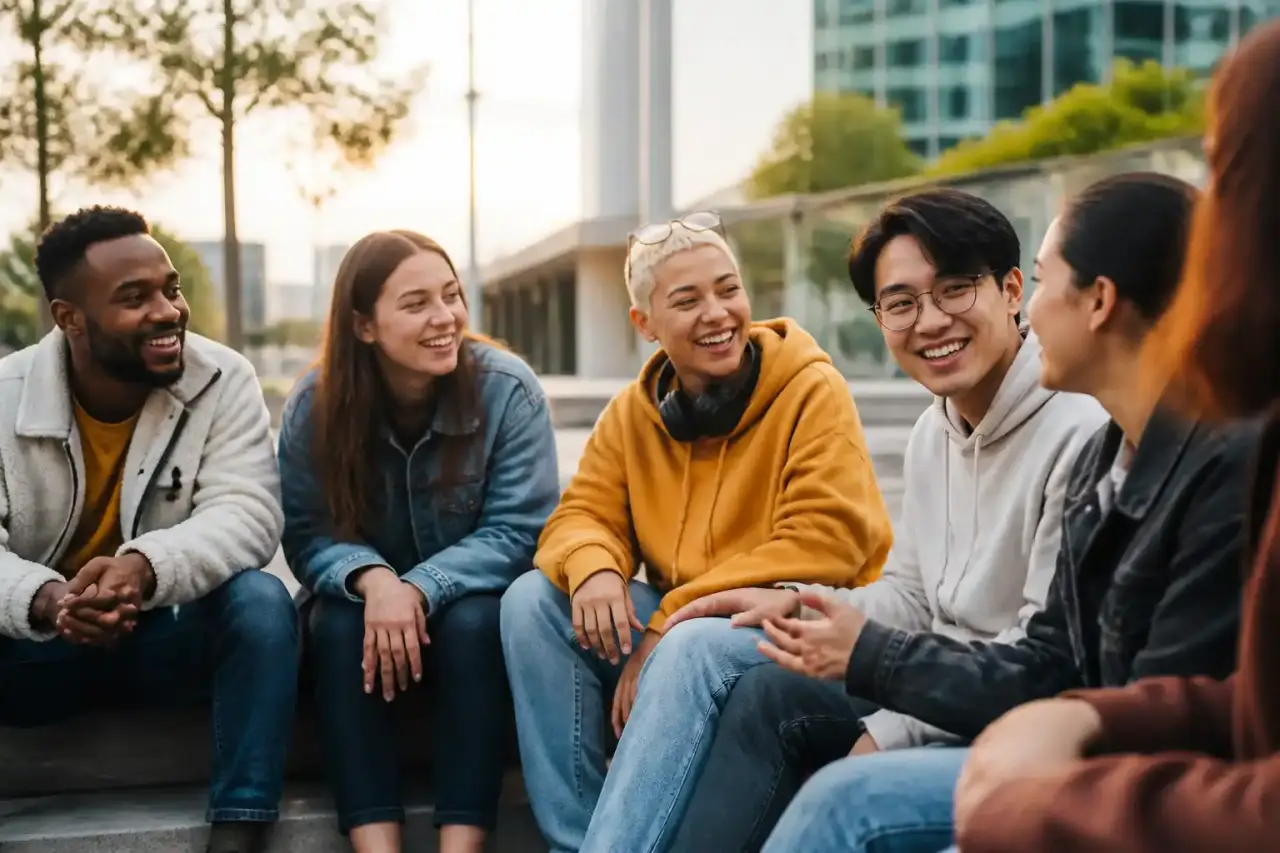 Groupe d'amis adultes partageant un moment chaleureux en extérieur
