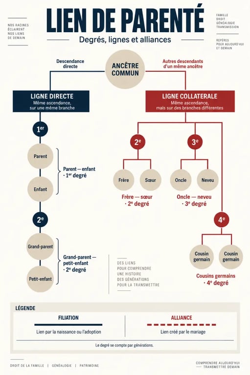 Infographie expliquant le lien de parenté, les lignes directe et collatérale et les degrés de parenté