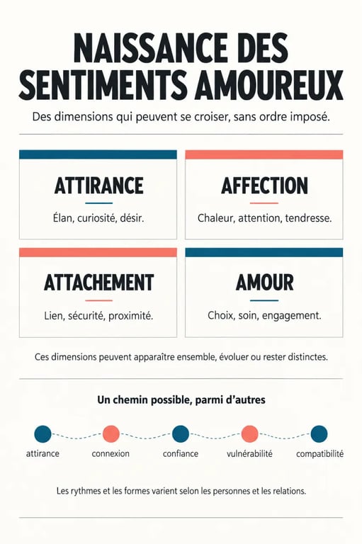 Femme amoureuse d'un homme : schéma des différences entre attirance, affection, attachement et amour