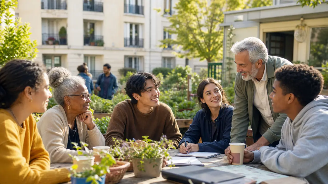 Groupe diversifié de voisins et voisines échangeant autour d'une table conviviale dans un quartier chaleureux