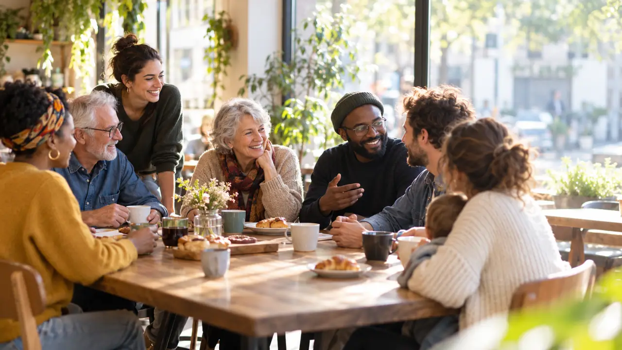 Voisins de générations différentes partageant un café autour d'une table