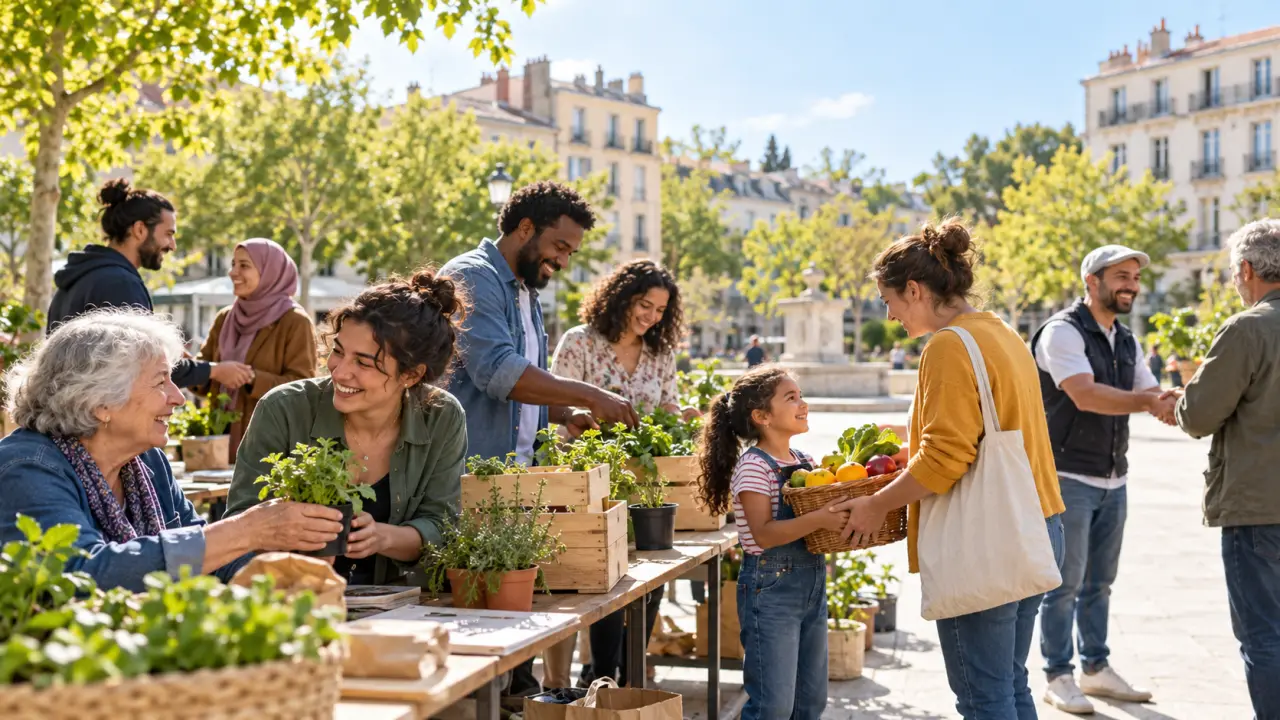 Voisins de générations différentes échangeant autour d'une table dans un quartier