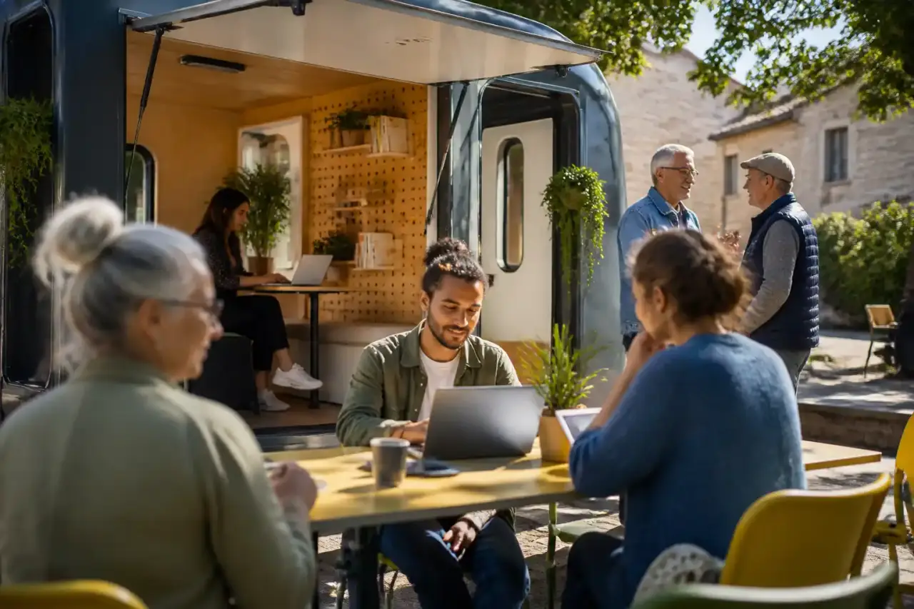 Groupe diversifié de personnes réunies autour d'une table conviviale, dans une ambiance chaleureuse et lumineuse