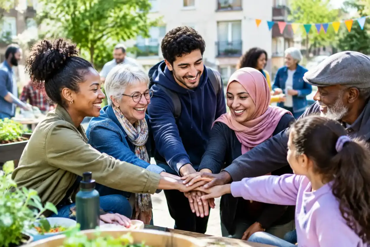 Groupe de voisins souriants s'entraidant dans un jardin communautaire