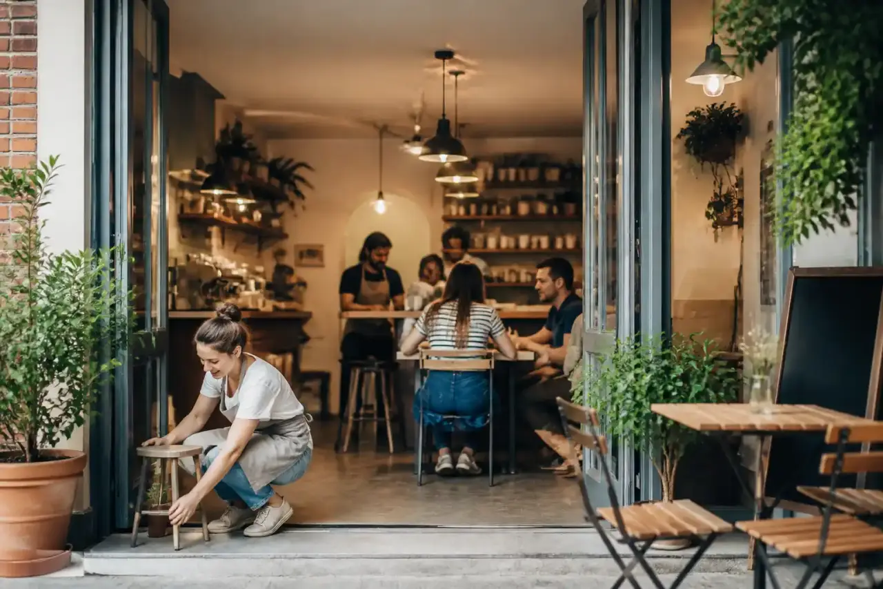 Groupe diversifié de voisin·es autour d'une grande table dans une ambiance conviviale et lumineuse