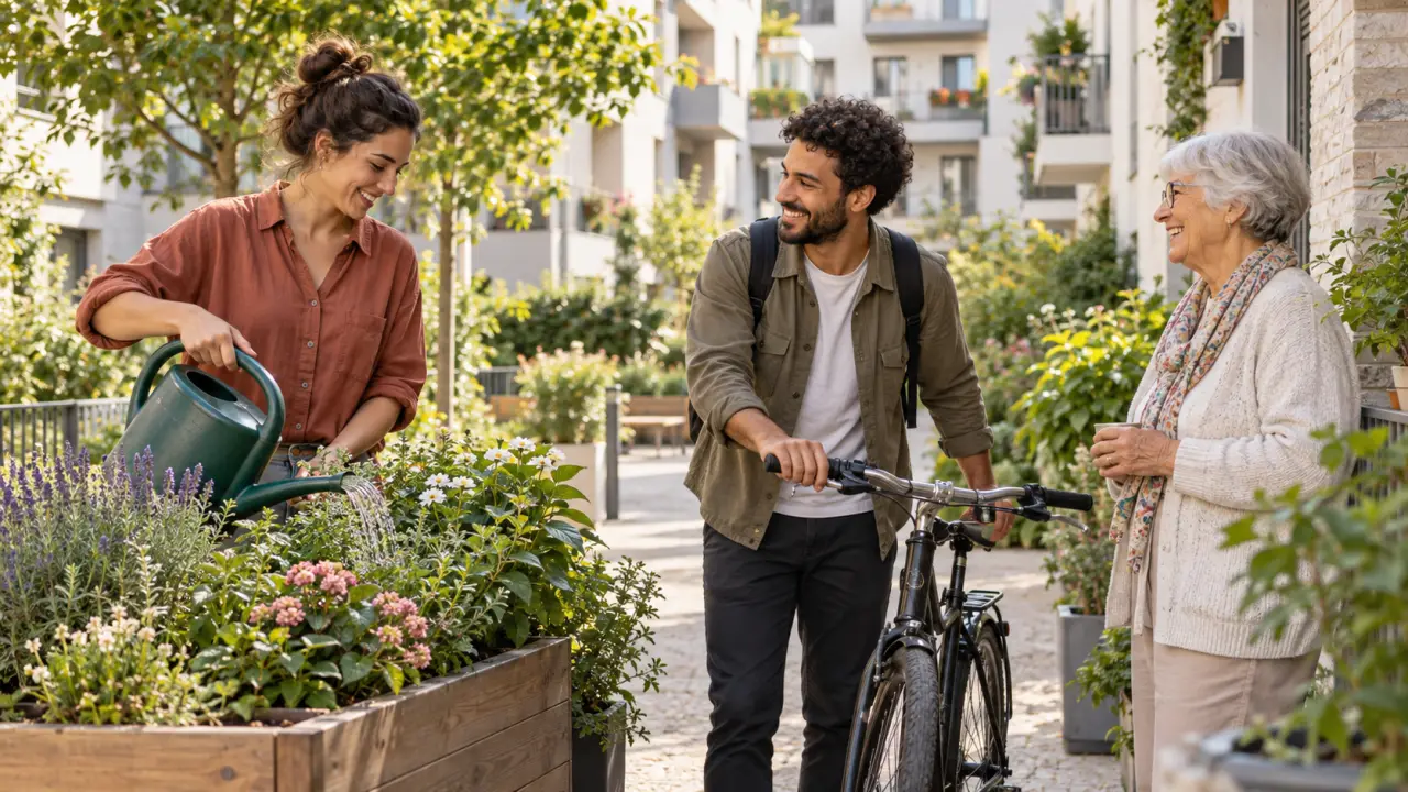 Des voisins de différents âges échangent autour d'une table dans un espace de quartier