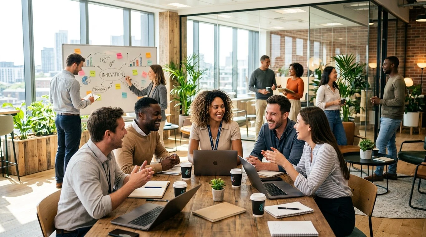 Portrait de groupe de l'équipe fondatrice souriante dans un espace associatif lumineux