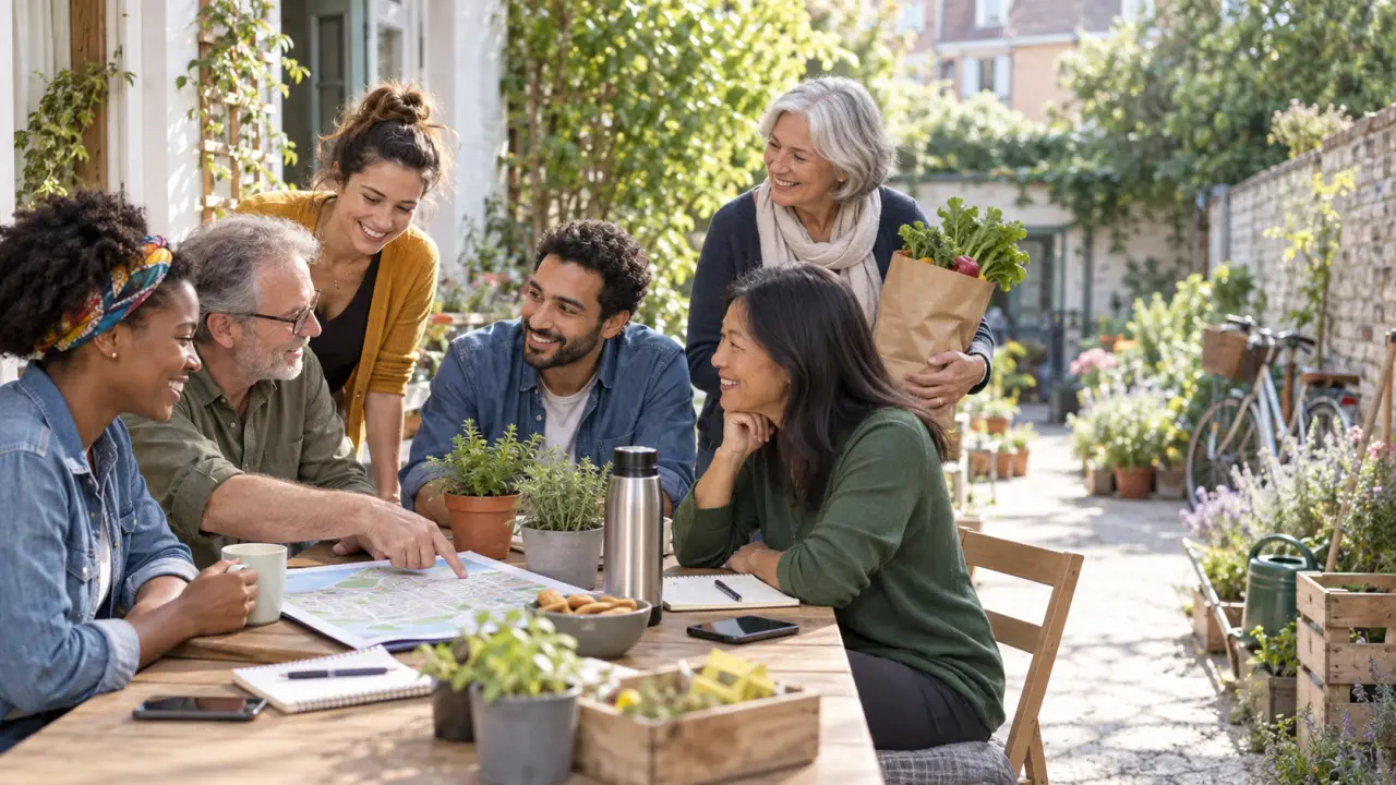 Voisins de générations différentes réunis autour d'une table dans un esprit convivial