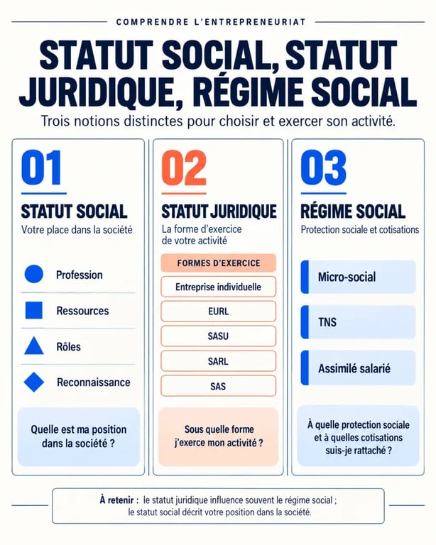 Infographie pour comprendre le statut sociale, le statut juridique et le régime social d’un entrepreneur