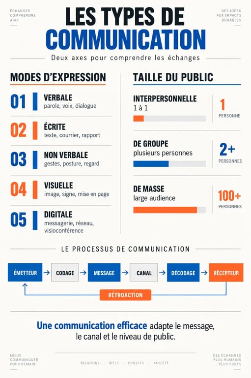 Infographie sur les différents types de communications, leurs canaux et leurs publics