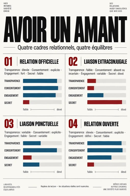 Infographie sur les différences entre avoir un amant, liaison extraconjugale, relation ouverte et relation officielle