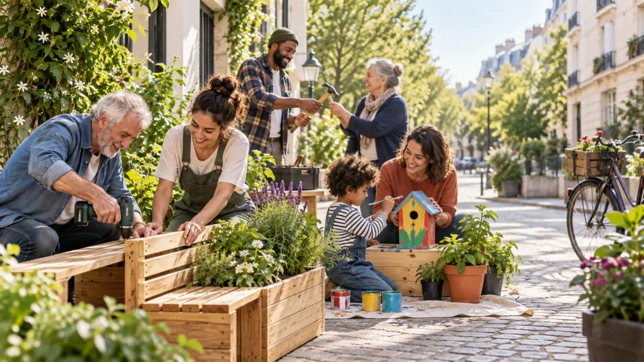 Habitants de plusieurs générations réunis autour d'une table dans un jardin de quartier