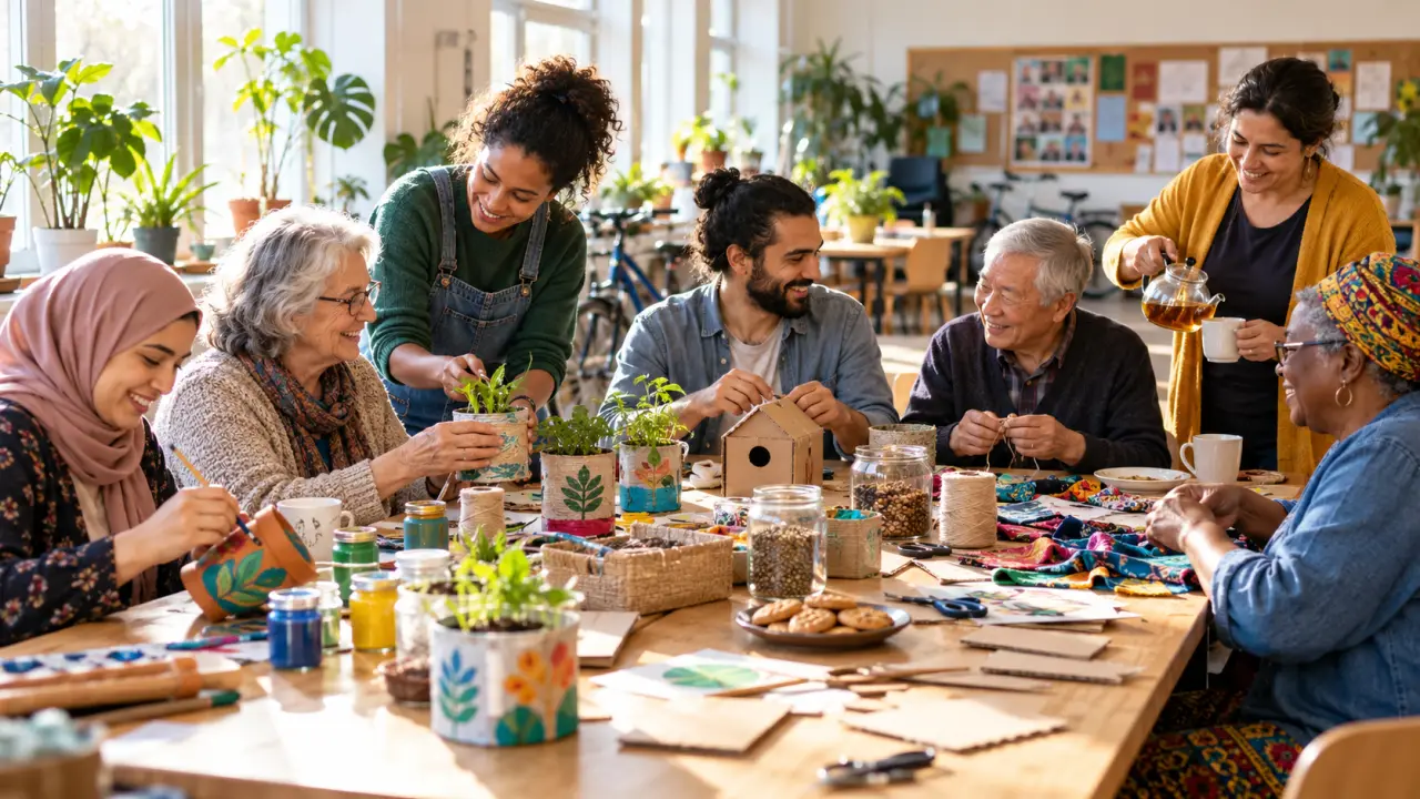 Voisins de générations différentes réunis autour d'un atelier convivial