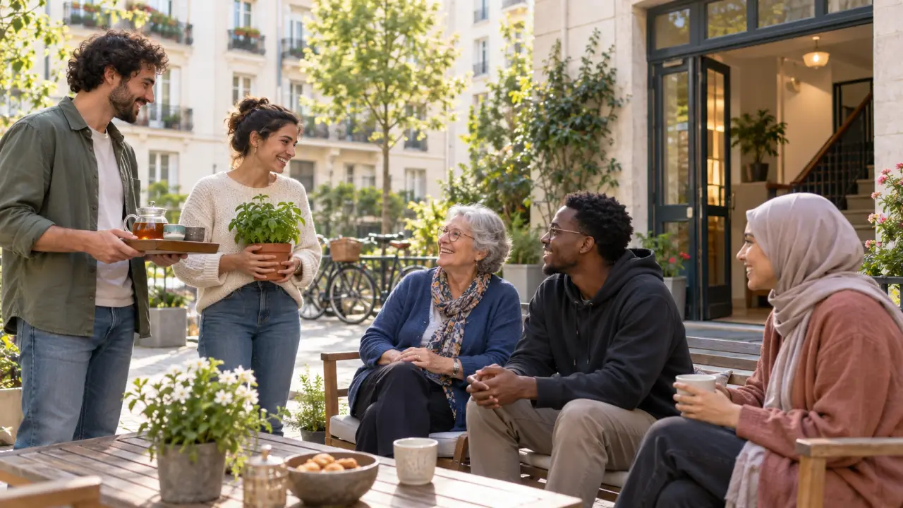 Des voisins de générations différentes échangent autour d'une table dans un quartier convivial