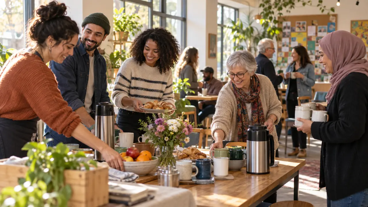 Habitants de générations différentes réunis autour d'une table lors d'un café solidaire