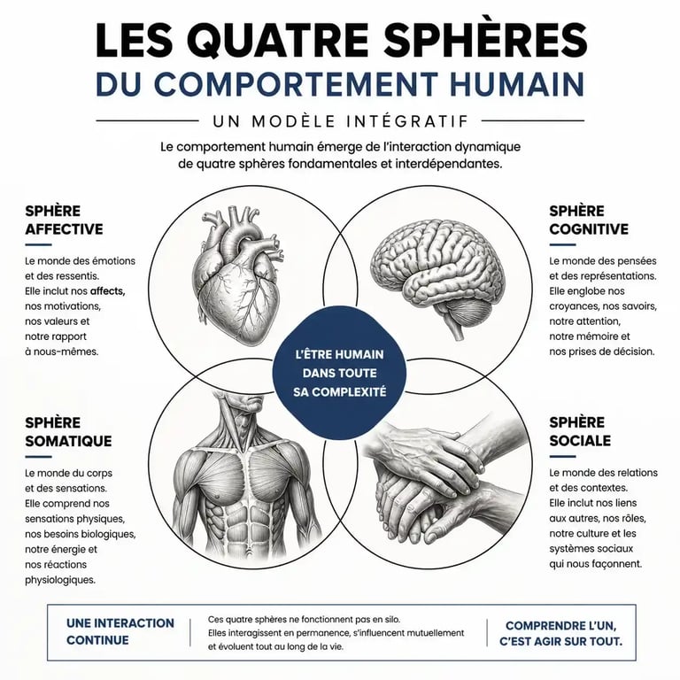 Schéma des quatre sphères du comportement dans les relations humaines : affective, cognitive, somatique et sociale.