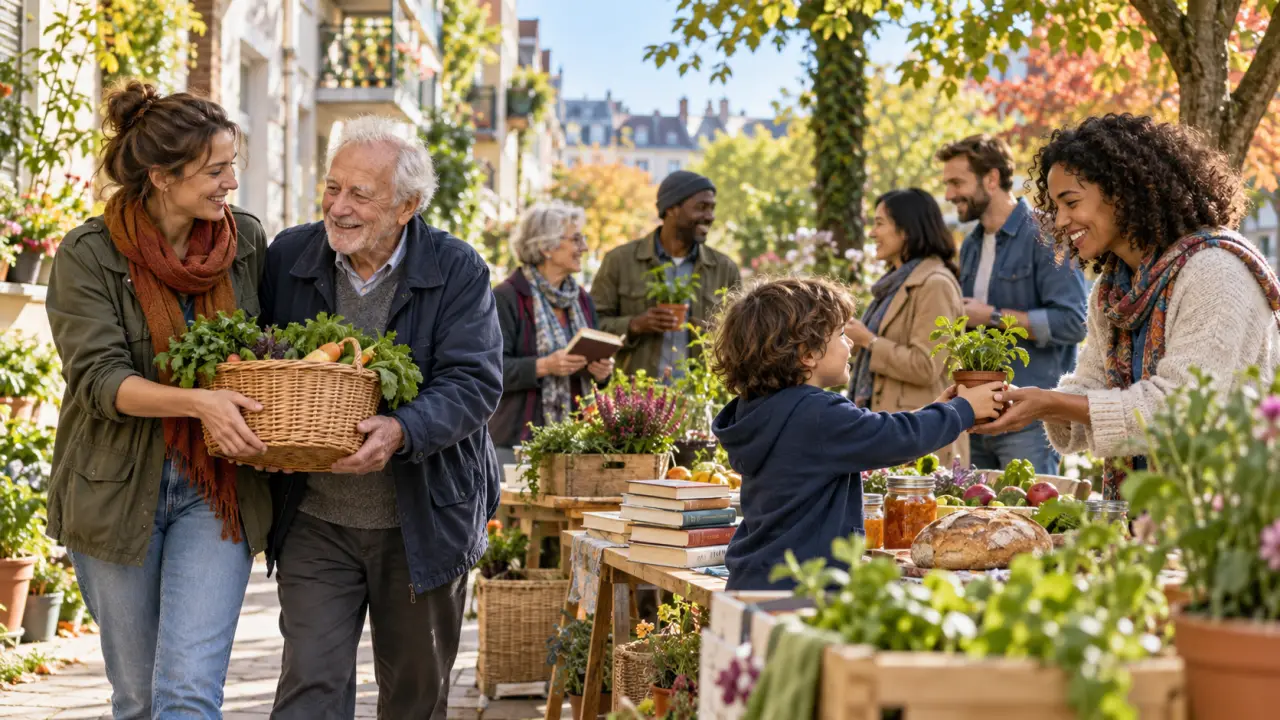 Voisins de tous âges réunis autour d'une activité conviviale dans un quartier