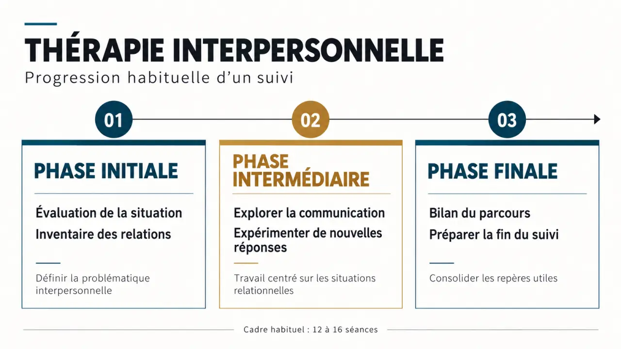 Thérapie interpersonnelle : schéma des trois phases et des 12 à 16 séances