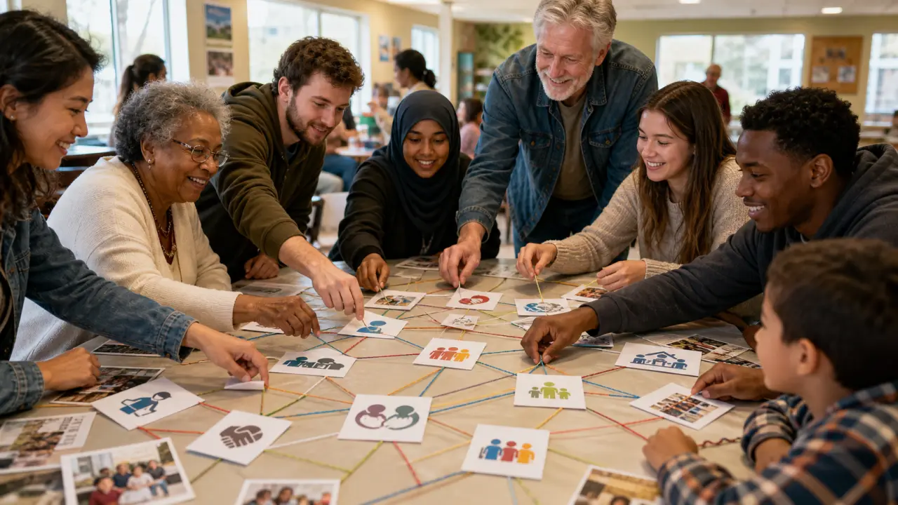 Groupe diversifié collaborant autour d’une table dans une ambiance chaleureuse