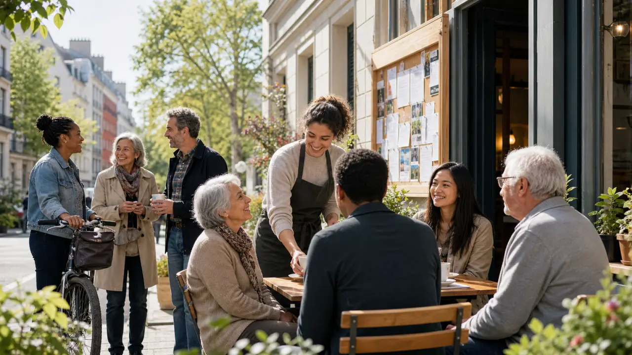 Groupe diversifié de voisins réunis autour d’une table dans un café solidaire de quartier